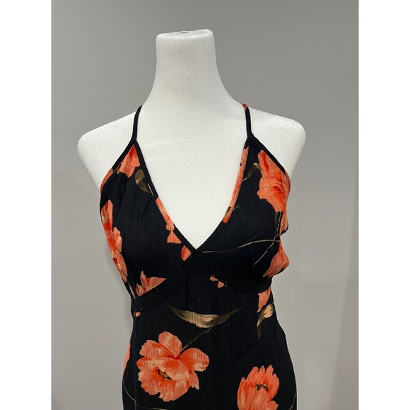 Patrons of Peace Black Orange Floral Maxi Dress Halter Neck Spaghetti Strap - Picture 2 of 9